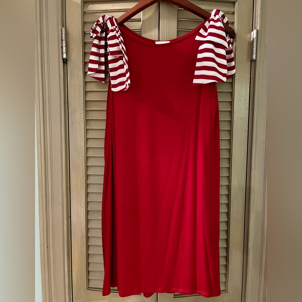 FANTASTIC FAWN Black Sleeveless Dress, Red & Black Striped Shoulder Bows Small
